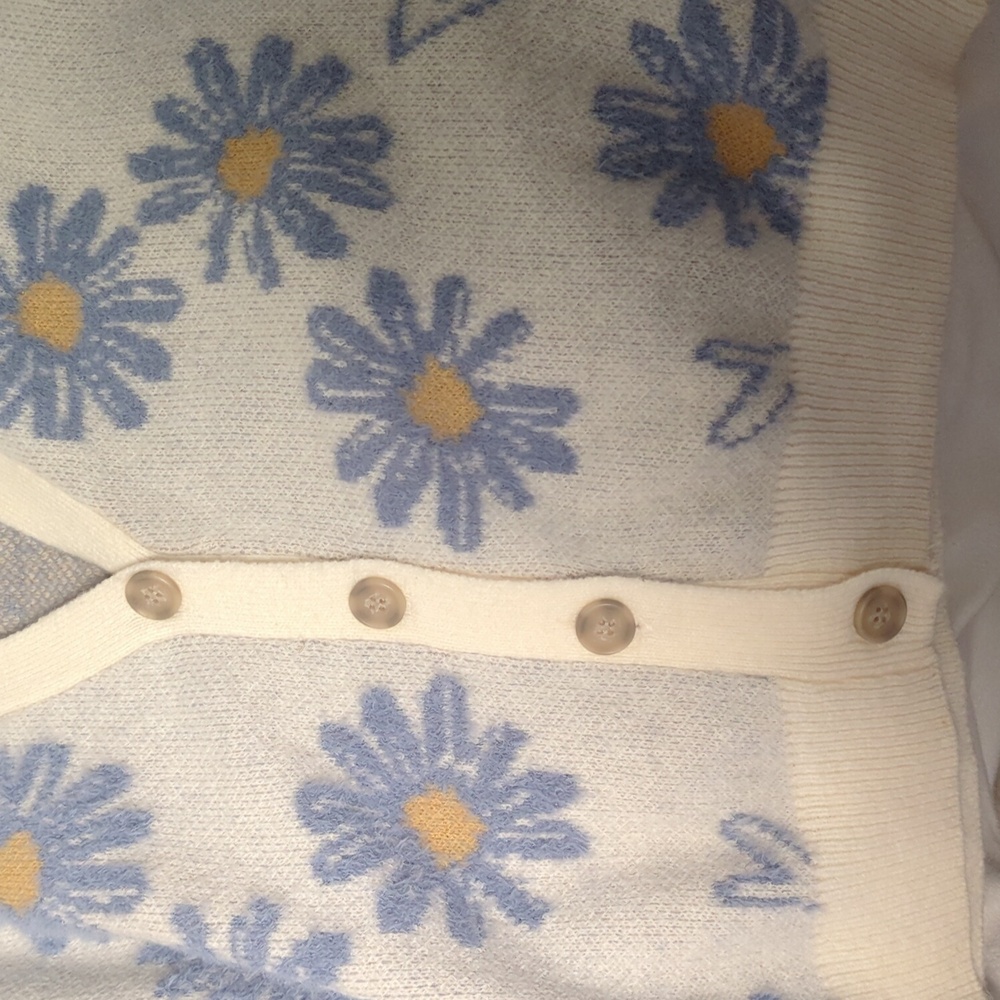 Girlish Oversized Floral Daisy Cardigan  Blue Fuzzy Novelty Retro Knit Sweater L - Picture 11 of 11